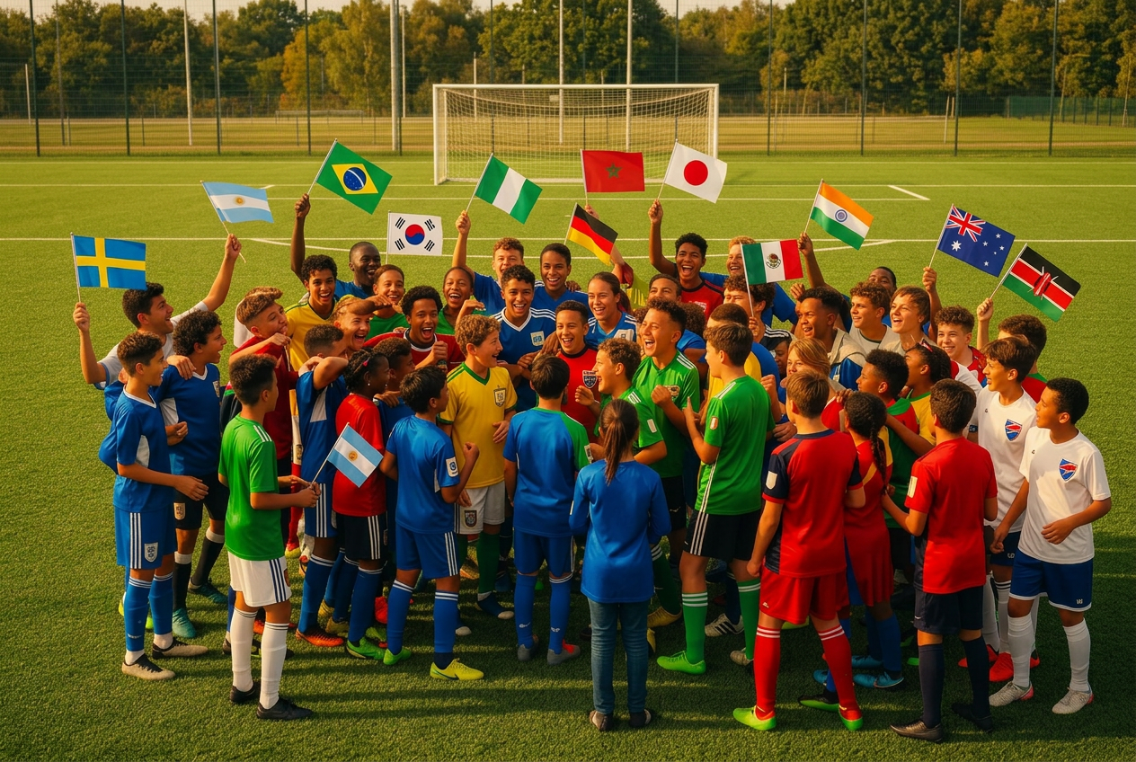 Multicultural football players celebrating in Stockholm